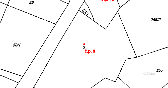 Chotěměřice 9, Hněvkovice na parcele st. 3 v KÚ Chotěměřice, Katastrální mapa