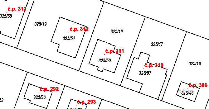 Hlušovice 311 na parcele st. 325/50 v KÚ Hlušovice, Katastrální mapa