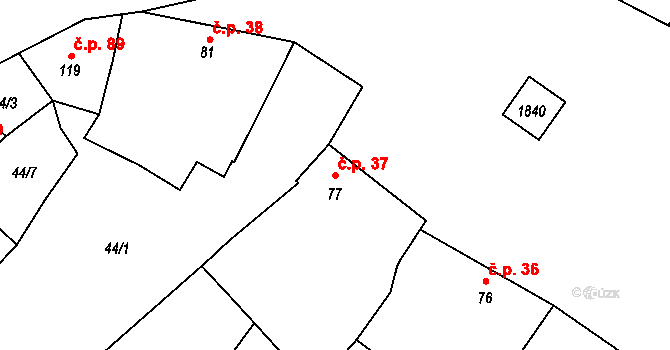 Lískovec 37, Koryčany na parcele st. 77 v KÚ Lískovec, Katastrální mapa