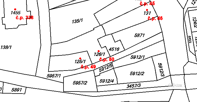 Hrušovany nad Jevišovkou 50 na parcele st. 126/1 v KÚ Hrušovany nad Jevišovkou, Katastrální mapa