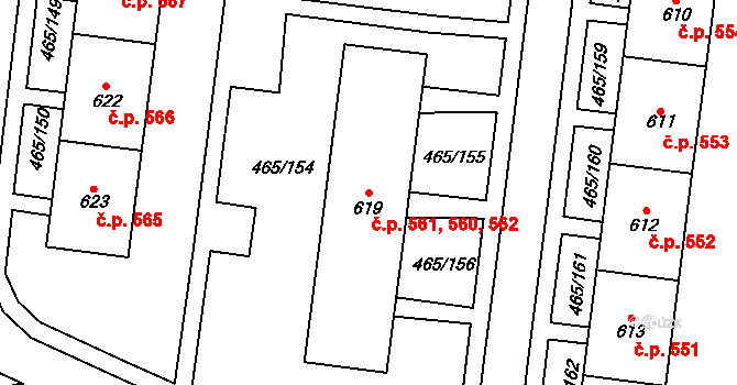 Přímětice 560,561,562, Znojmo na parcele st. 619 v KÚ Přímětice, Katastrální mapa