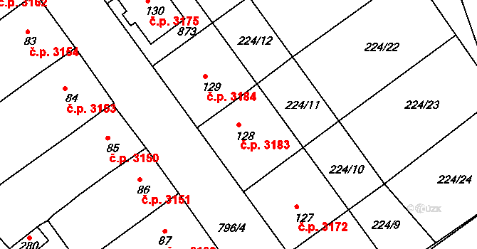 Znojmo 3183 na parcele st. 128 v KÚ Znojmo-Hradiště, Katastrální mapa