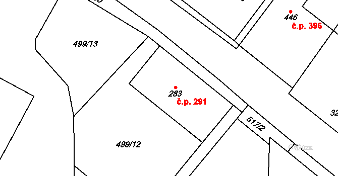 Rožďalovice 291 na parcele st. 283 v KÚ Rožďalovice, Katastrální mapa
