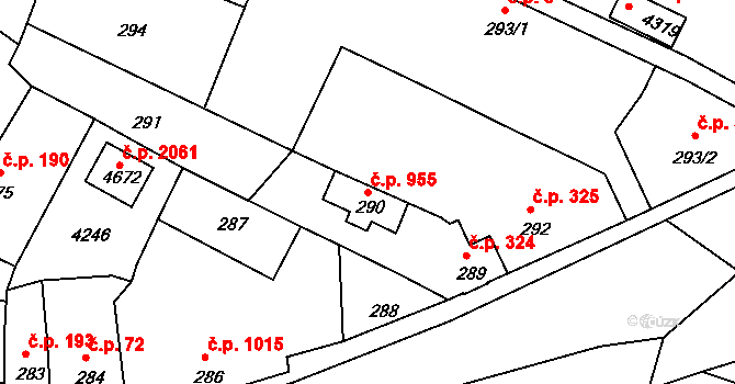 Čelákovice 955 na parcele st. 290 v KÚ Čelákovice, Katastrální mapa