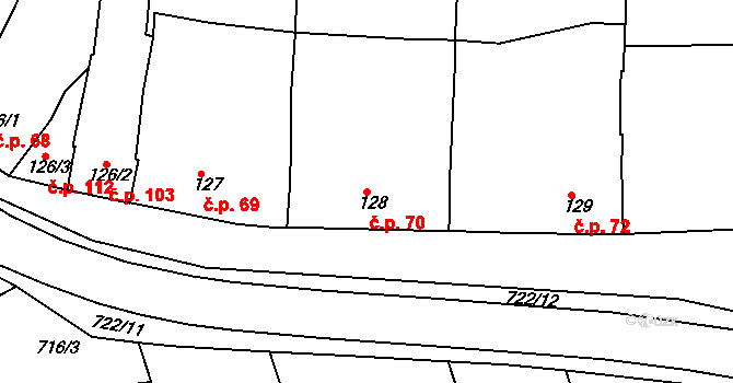Rymice 70 na parcele st. 128 v KÚ Rymice, Katastrální mapa