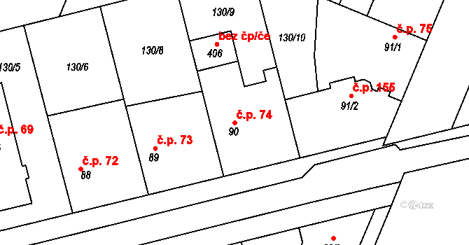 Kojetice 74 na parcele st. 90 v KÚ Kojetice u Prahy, Katastrální mapa