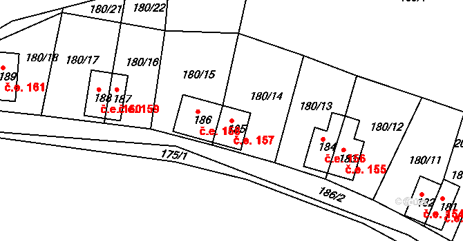 Dlouhá Louka 157, Osek na parcele st. 185 v KÚ Dlouhá Louka, Katastrální mapa