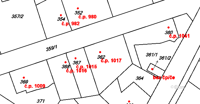 Hořovice 1017 na parcele st. 362 v KÚ Velká Víska, Katastrální mapa