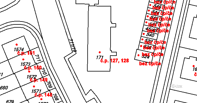 Týn 127,128, Třebíč na parcele st. 171 v KÚ Týn u Třebíče, Katastrální mapa