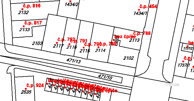 Horka-Domky 789, Třebíč na parcele st. 2114 v KÚ Třebíč, Katastrální mapa