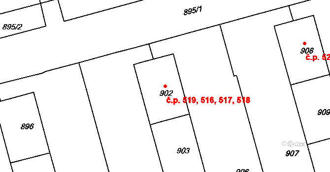 Ponava 516,517,518,519, Brno na parcele st. 902 v KÚ Ponava, Katastrální mapa