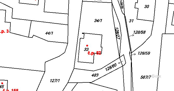 Chlebovice 82, Frýdek-Místek na parcele st. 33 v KÚ Chlebovice, Katastrální mapa