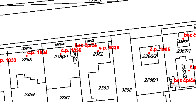 Horní Počernice 1036, Praha na parcele st. 2362 v KÚ Horní Počernice, Katastrální mapa