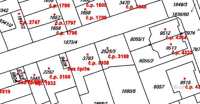 Hodonín 3188 na parcele st. 2525/3 v KÚ Hodonín, Katastrální mapa