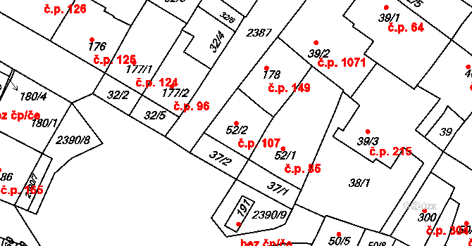 Rosice 107 na parcele st. 52/2 v KÚ Rosice u Brna, Katastrální mapa