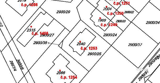 Rosice 1253 na parcele st. 2040 v KÚ Rosice u Brna, Katastrální mapa