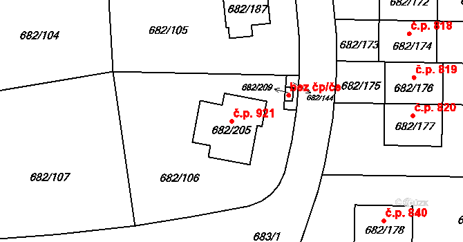 Průhonice 921 na parcele st. 682/205 v KÚ Průhonice, Katastrální mapa