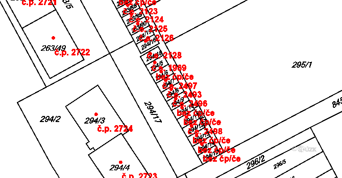 Znojmo 2496 na parcele st. 294/8 v KÚ Znojmo-Louka, Katastrální mapa