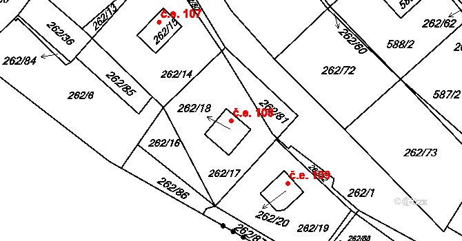 Tušimice 108, Kadaň na parcele st. 262/18 v KÚ Tušimice, Katastrální mapa