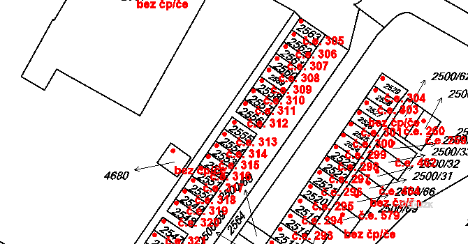 Hustopeče 313 na parcele st. 2555 v KÚ Hustopeče u Brna, Katastrální mapa