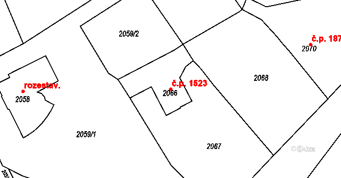 Most 1523 na parcele st. 2066 v KÚ Most II, Katastrální mapa