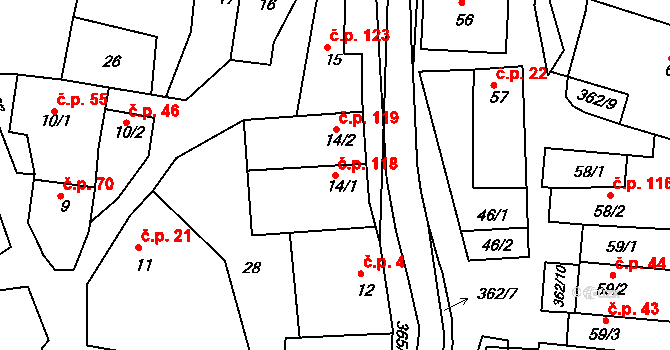 Hroubovice 118 na parcele st. 14/1 v KÚ Hroubovice, Katastrální mapa