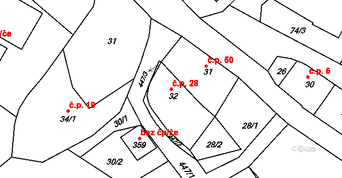 Babí 28, Náchod na parcele st. 32 v KÚ Babí u Náchoda, Katastrální mapa