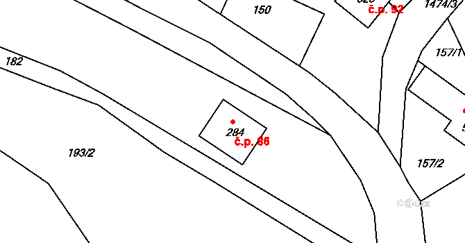 Malá Veleň 86 na parcele st. 284 v KÚ Malá Veleň, Katastrální mapa