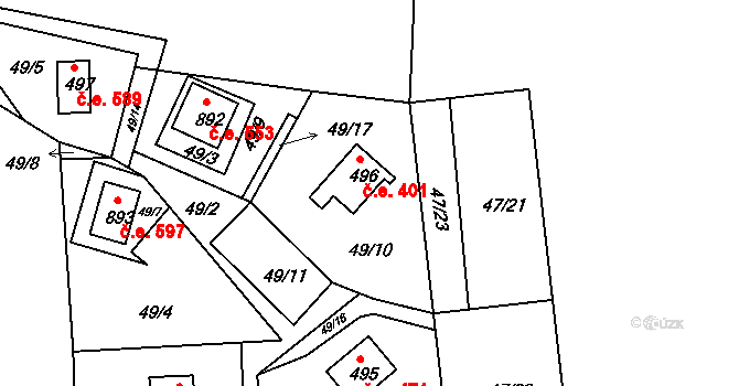 Sýkořice 401 na parcele st. 496 v KÚ Sýkořice, Katastrální mapa