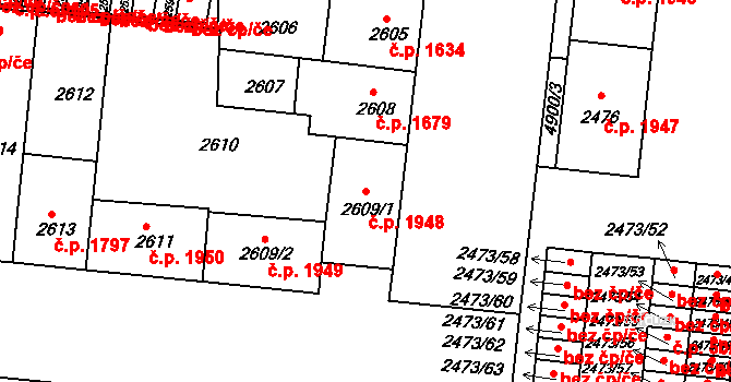 Louny 1948 na parcele st. 2609/1 v KÚ Louny, Katastrální mapa