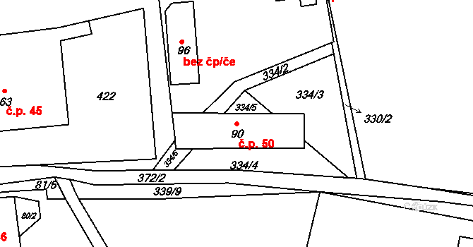 Vlčkov 50 na parcele st. 90 v KÚ Vlčkov, Katastrální mapa