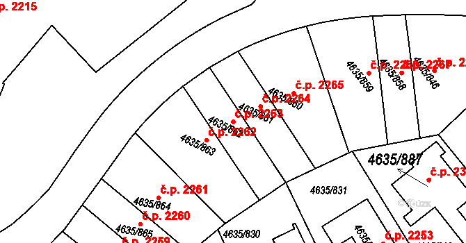 Modřany 2263, Praha na parcele st. 4635/862 v KÚ Modřany, Katastrální mapa