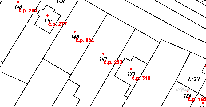 Rychlov 223, Bystřice pod Hostýnem na parcele st. 141 v KÚ Rychlov u Bystřice pod Hostýnem, Katastrální mapa