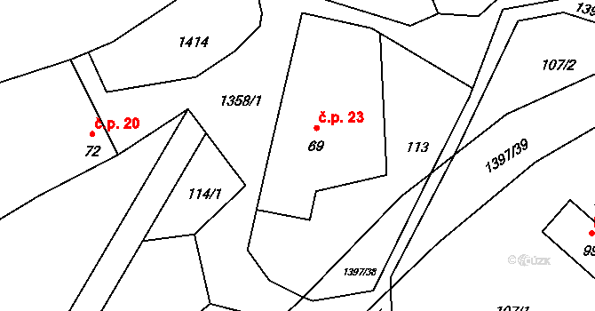 Ústí 23 na parcele st. 69 v KÚ Ústí, Katastrální mapa