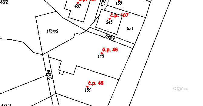Tři Sekery 46 na parcele st. 145 v KÚ Tři Sekery u Kynžvartu, Katastrální mapa