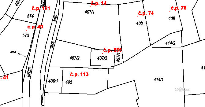 Poříčany 555 na parcele st. 407/3 v KÚ Poříčany, Katastrální mapa