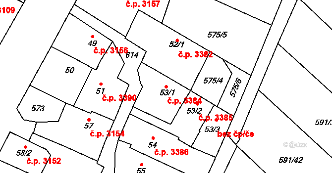 Jihlava 3384 na parcele st. 53/1 v KÚ Bedřichov u Jihlavy, Katastrální mapa