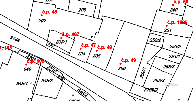Čelákovice 48 na parcele st. 205 v KÚ Čelákovice, Katastrální mapa
