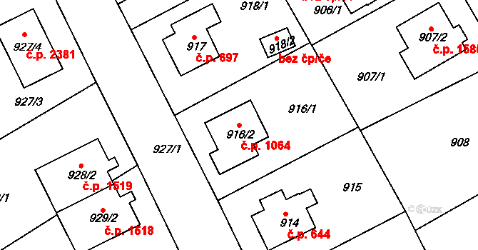 Roztoky 1064 na parcele st. 916/2 v KÚ Roztoky u Prahy, Katastrální mapa