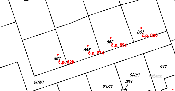 Lužice 274 na parcele st. 865 v KÚ Lužice u Hodonína, Katastrální mapa