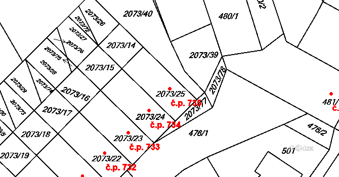 Šardice 735 na parcele st. 2073/25 v KÚ Šardice, Katastrální mapa