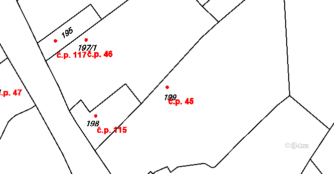 Krasonice 45 na parcele st. 199 v KÚ Krasonice, Katastrální mapa