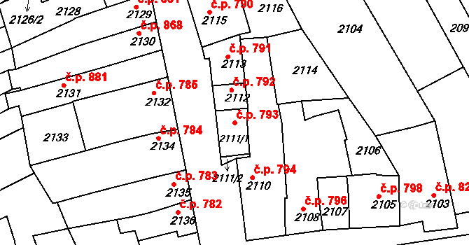 Slavíkovice 793, Rousínov na parcele st. 2111/1 v KÚ Rousínov u Vyškova, Katastrální mapa