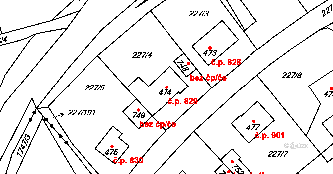 Švermov 829, Kladno na parcele st. 474 v KÚ Hnidousy, Katastrální mapa