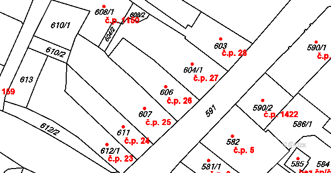 Frýdlant 26 na parcele st. 606 v KÚ Frýdlant, Katastrální mapa