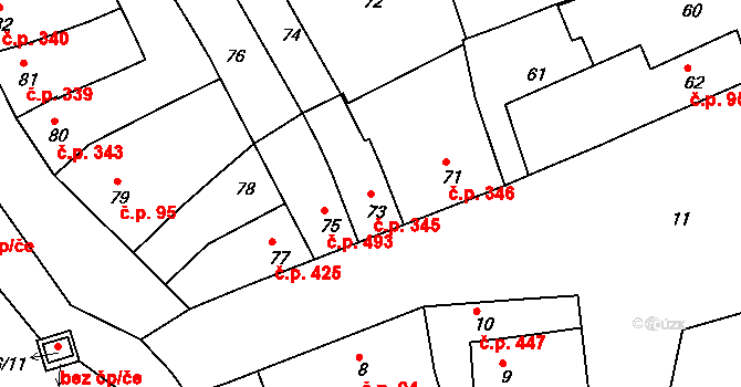 Hulín 345 na parcele st. 73 v KÚ Hulín, Katastrální mapa