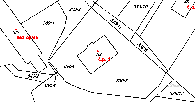 Hrabří 3, Vysoký Chlumec na parcele st. 58 v KÚ Hrabří, Katastrální mapa