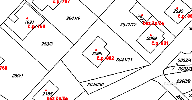 Žichlínské Předměstí 882, Lanškroun na parcele st. 2090 v KÚ Lanškroun, Katastrální mapa