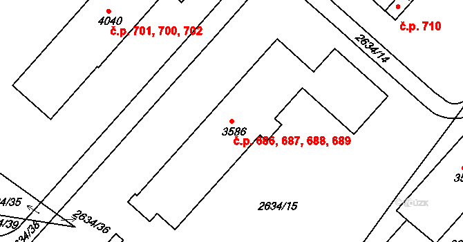 Kolín II 686,687,688,689, Kolín na parcele st. 3586 v KÚ Kolín, Katastrální mapa