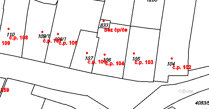 Strmilov 104 na parcele st. 106 v KÚ Strmilov, Katastrální mapa